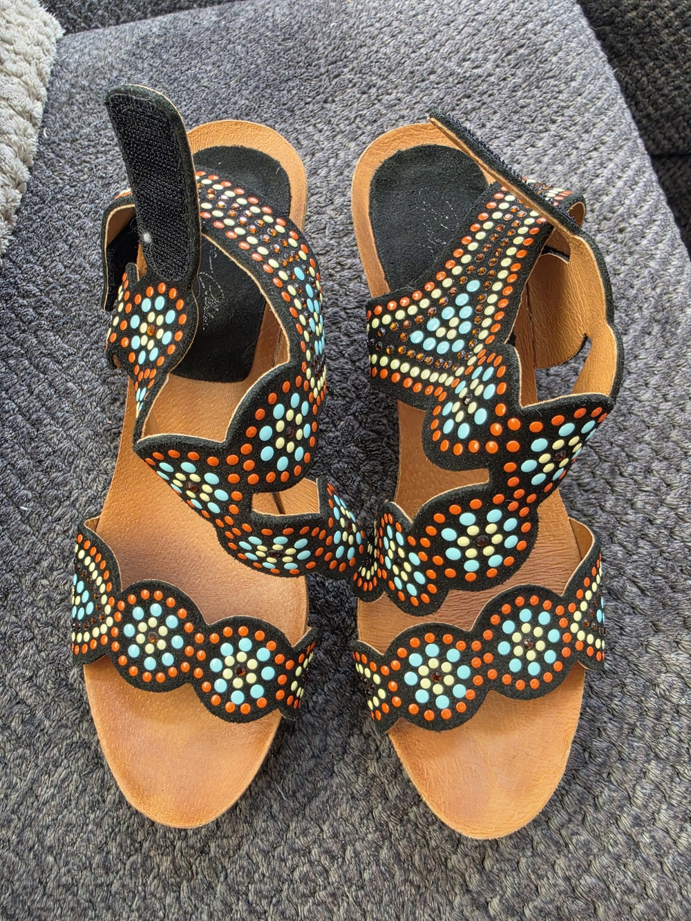 Penelope Chilvers Black Suede Studded Sandals with Turquoise and Orange Dots